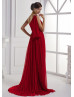 One Shoulder Beaded Red Chiffon Sexy Evening Dress